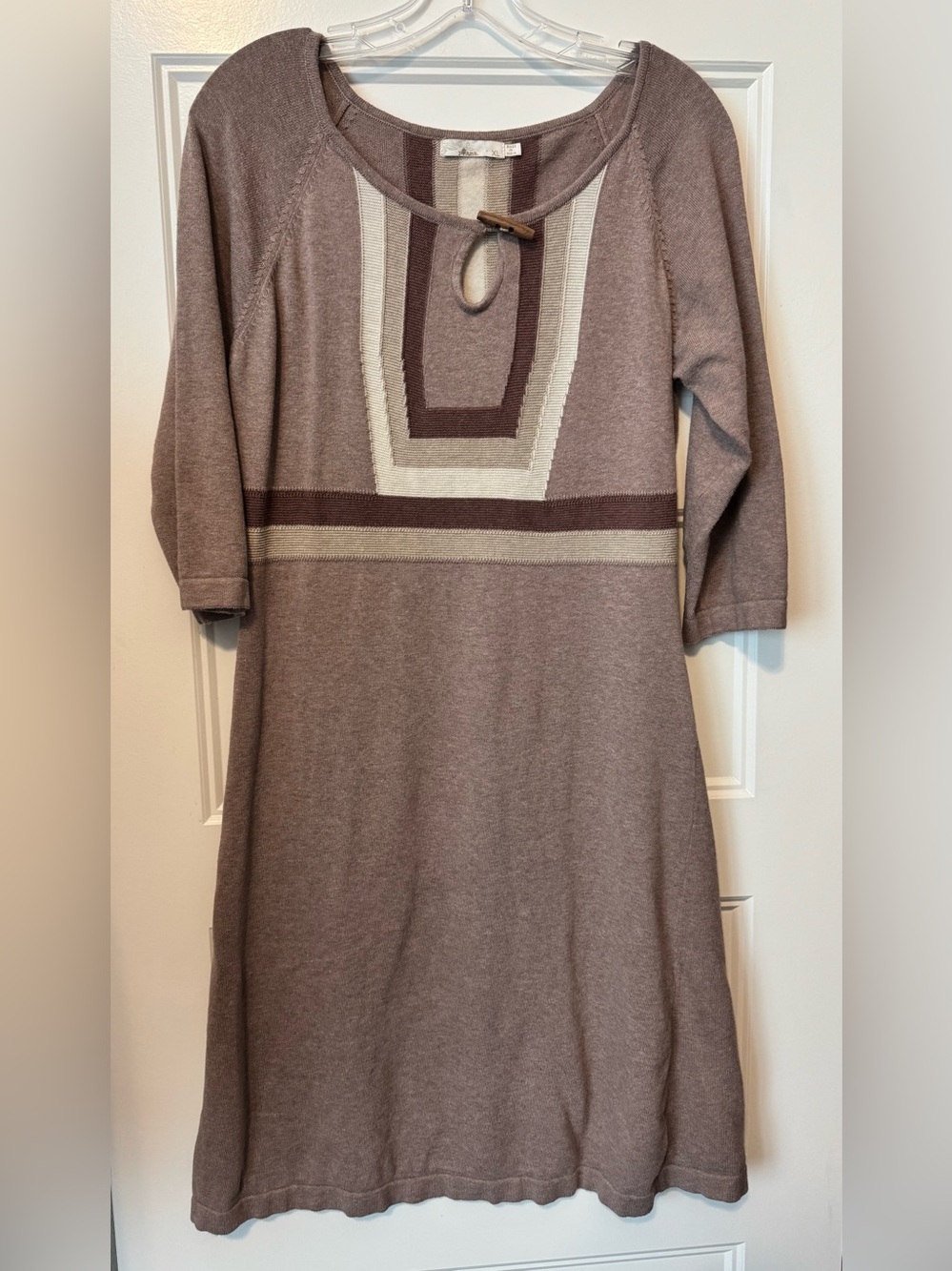 prAna Yarrah Knit Sweater Dress XL Taupe Colorblock Wooden Toggle Midi Boho